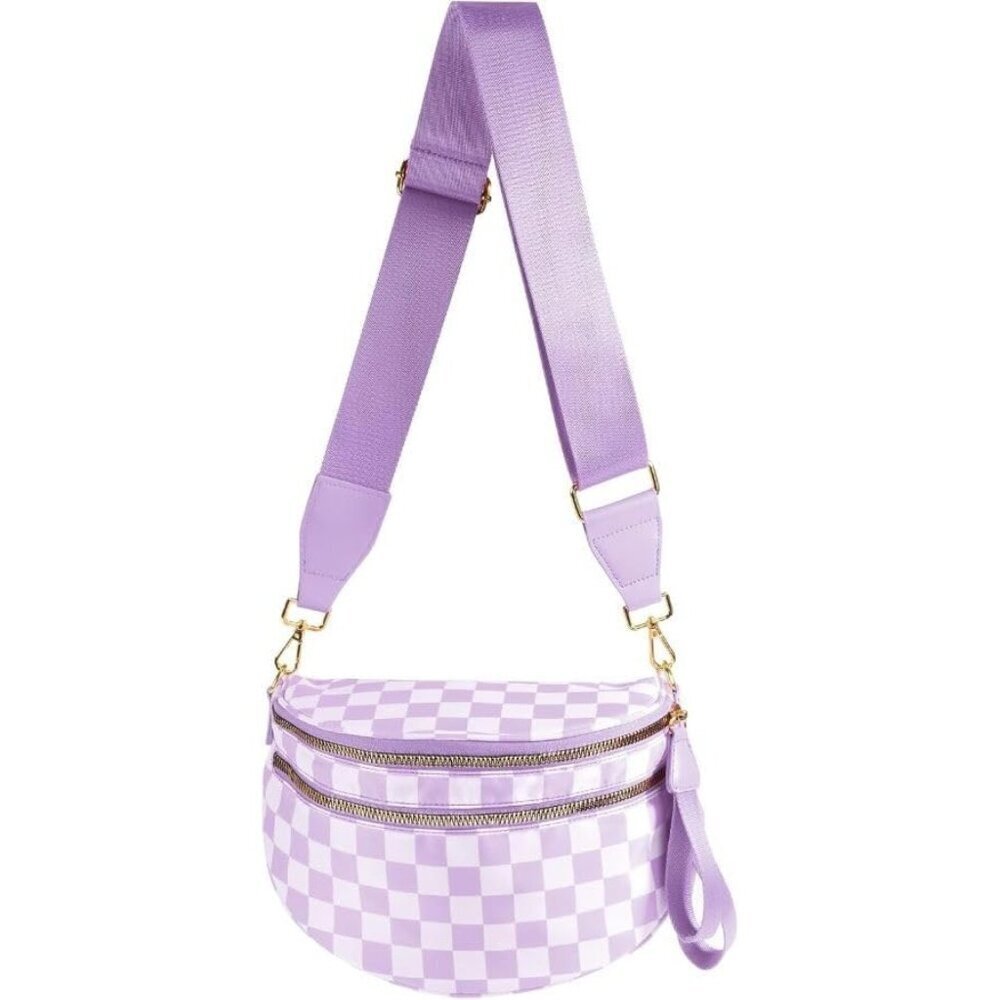 Women Pale Purple Imported Polyester Checkered Crossbody Fanny Belt Bum Bag